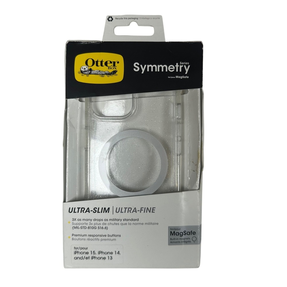 OtterBox Symmetry MagSafe Case iPhone 15 14 13 Clear Glitter Silver Ring